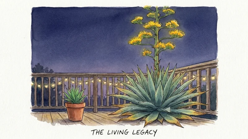 Watercolor illustration of a tall Agave bloom on a balcony at twilight, showing the parent plant and a new sprout.