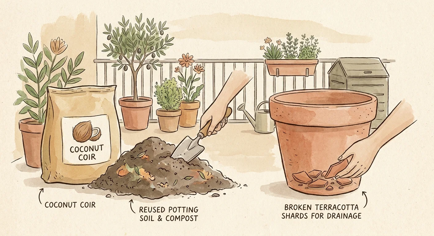 Watercolor illustration of sustainable gardening materials including coconut coir and reused soil shards.