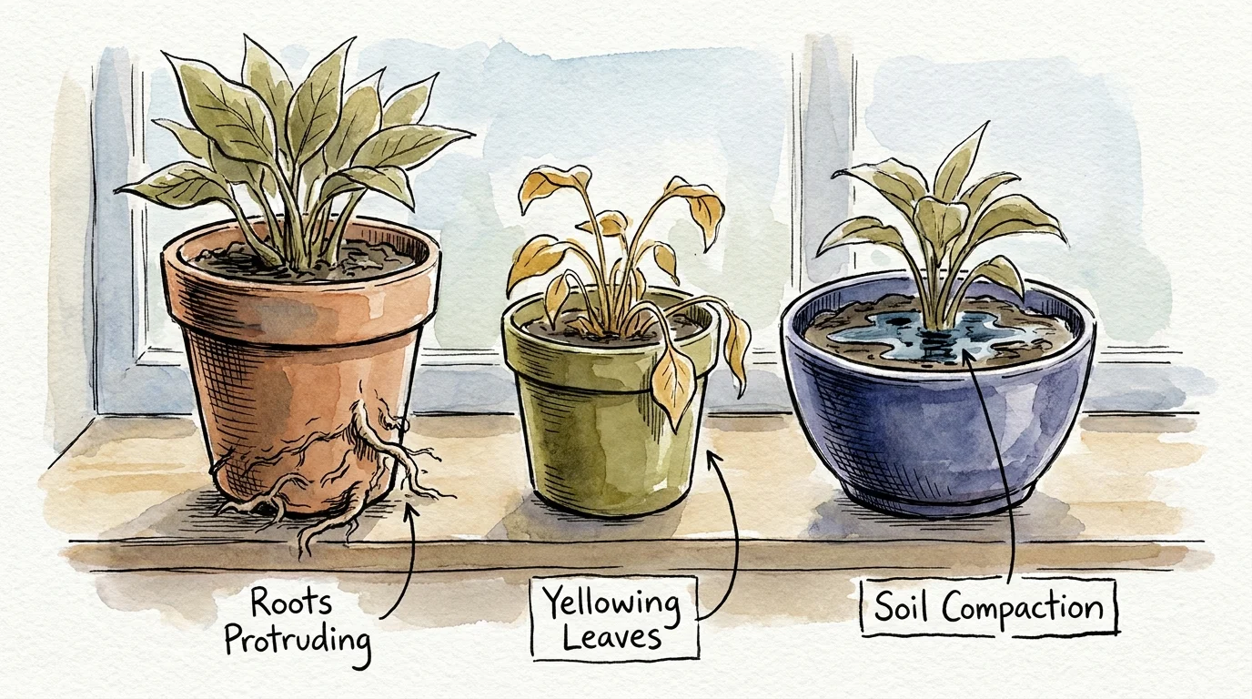 Watercolor illustration of three potted plants showing signs of needing replanting, including protruding roots and yellowing leaves.