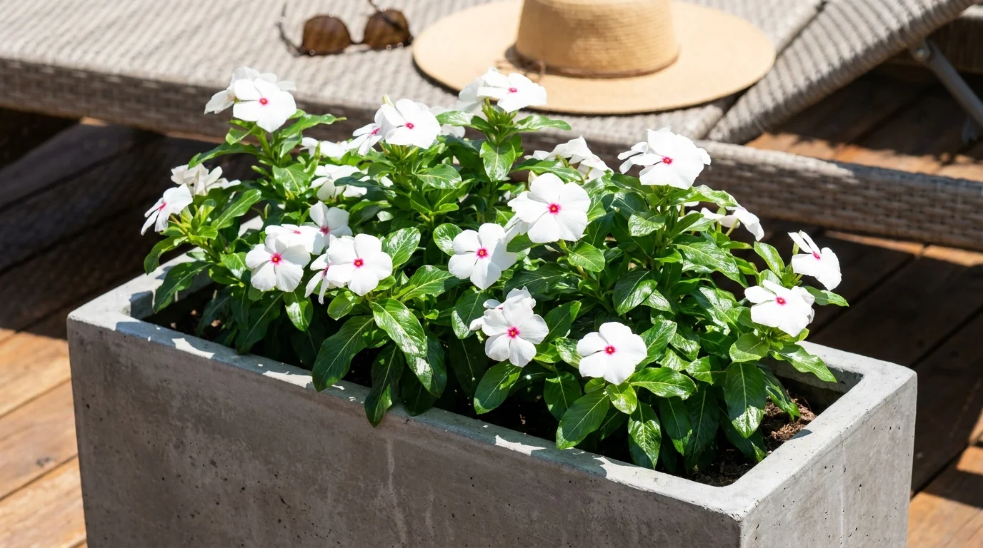 White vinca flowers with pink centers growing in a modern concrete planter on a wooden deck.