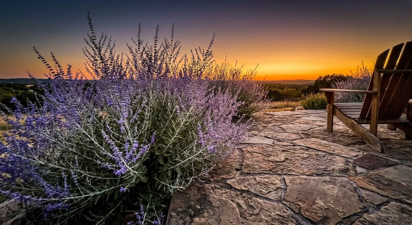 Wispy, lavender-blue Russian Sage plants growing along the edge of a stone patio at dusk.