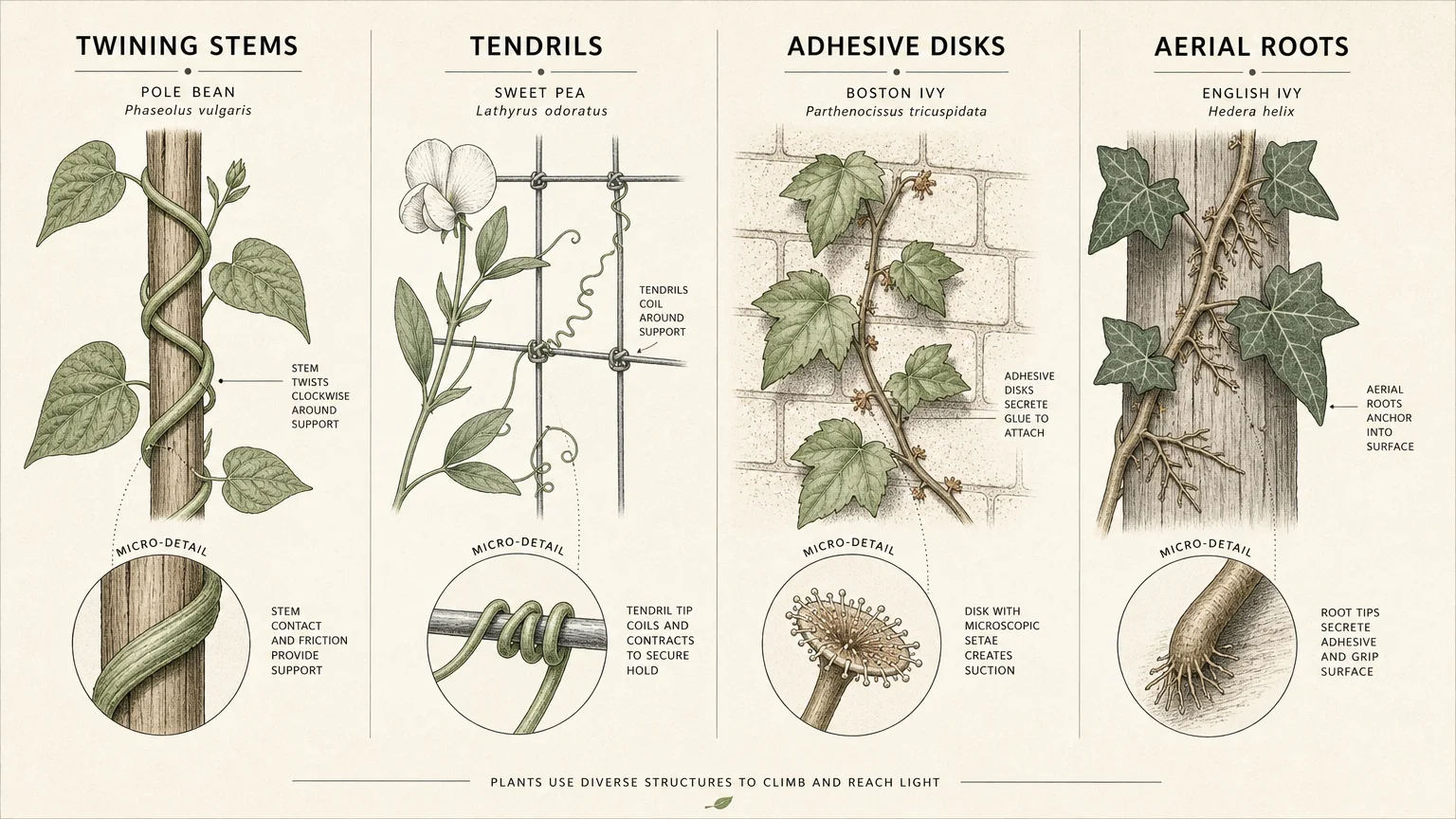 A botanical diagram illustrating the four ways plants climb: twining stems, tendrils, adhesive disks, and aerial roots.