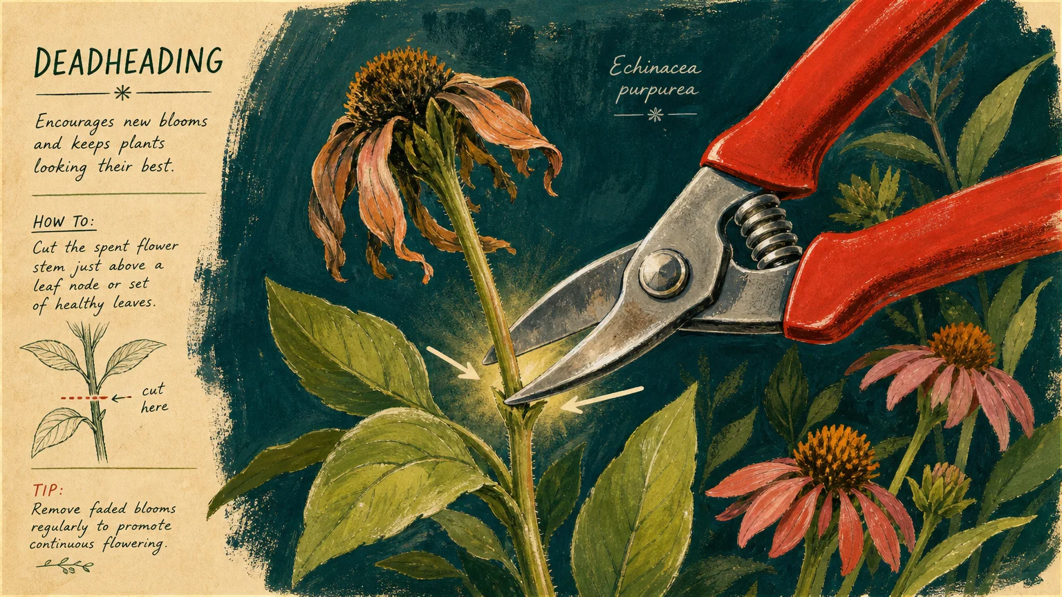 A botanical gouache illustration showing the precise point on a stem to cut when deadheading a flower.