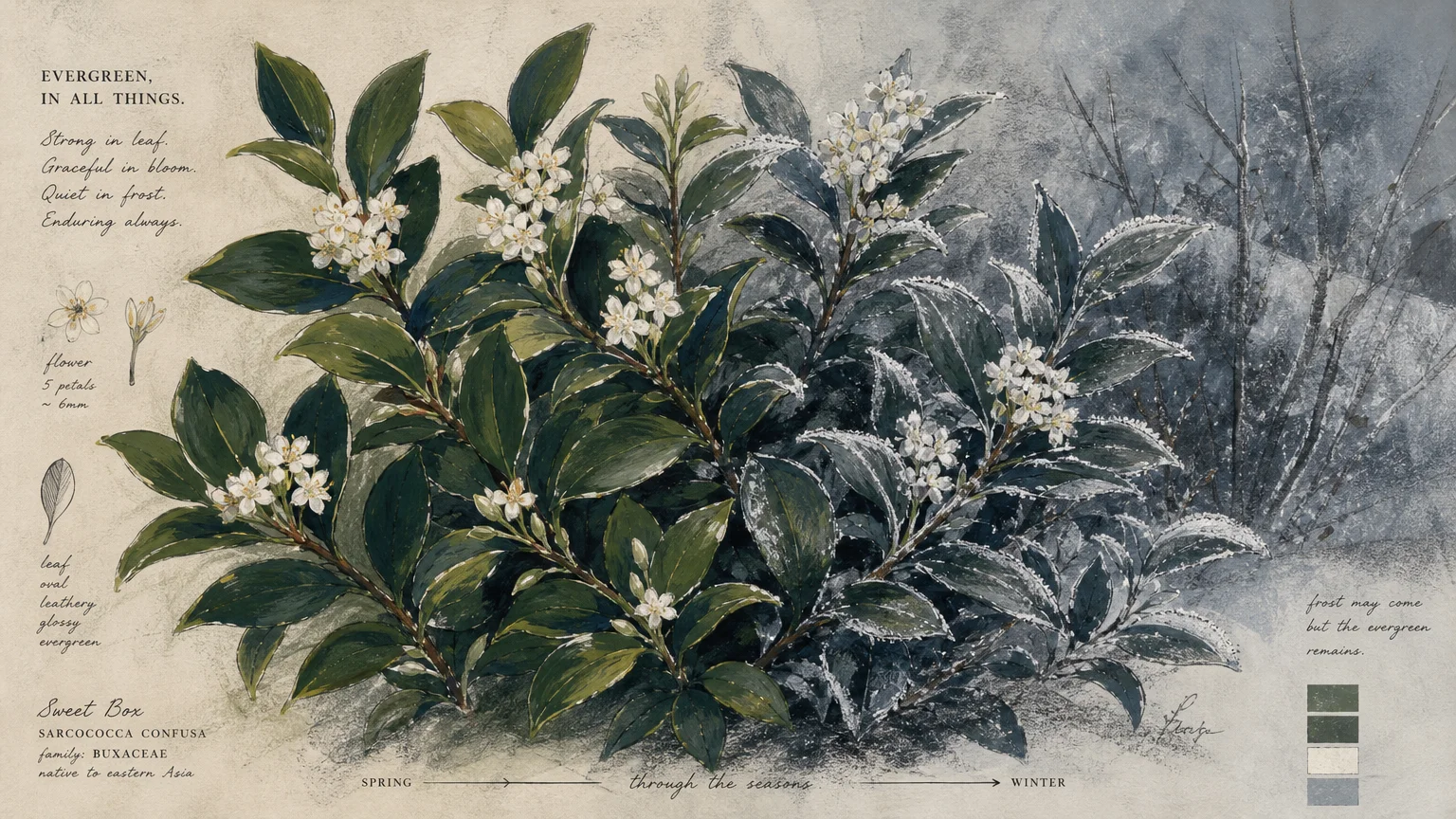 A botanical-style gouache illustration showing the transition of a white-flowering evergreen shrub from autumn to winter.
