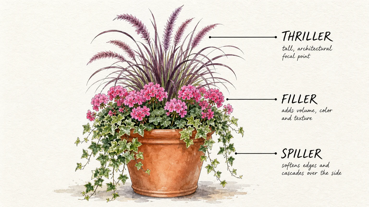 A botanical watercolor diagram illustrating the Thriller, Filler, and Spiller planting method in a terracotta pot.