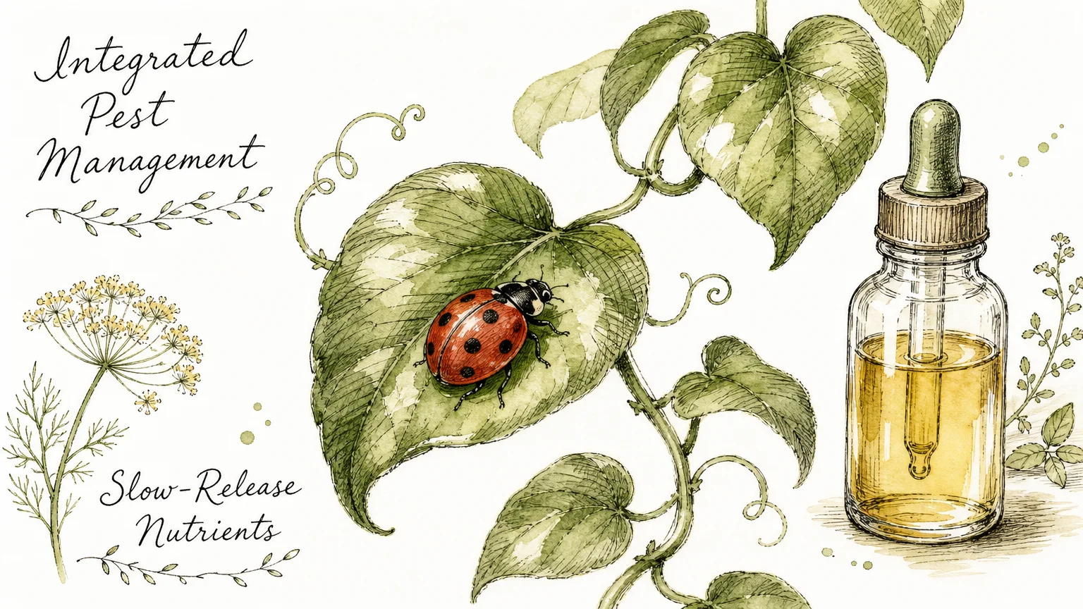 A botanical watercolor illustration of a ladybug on a leaf next to a bottle of organic fertilizer.