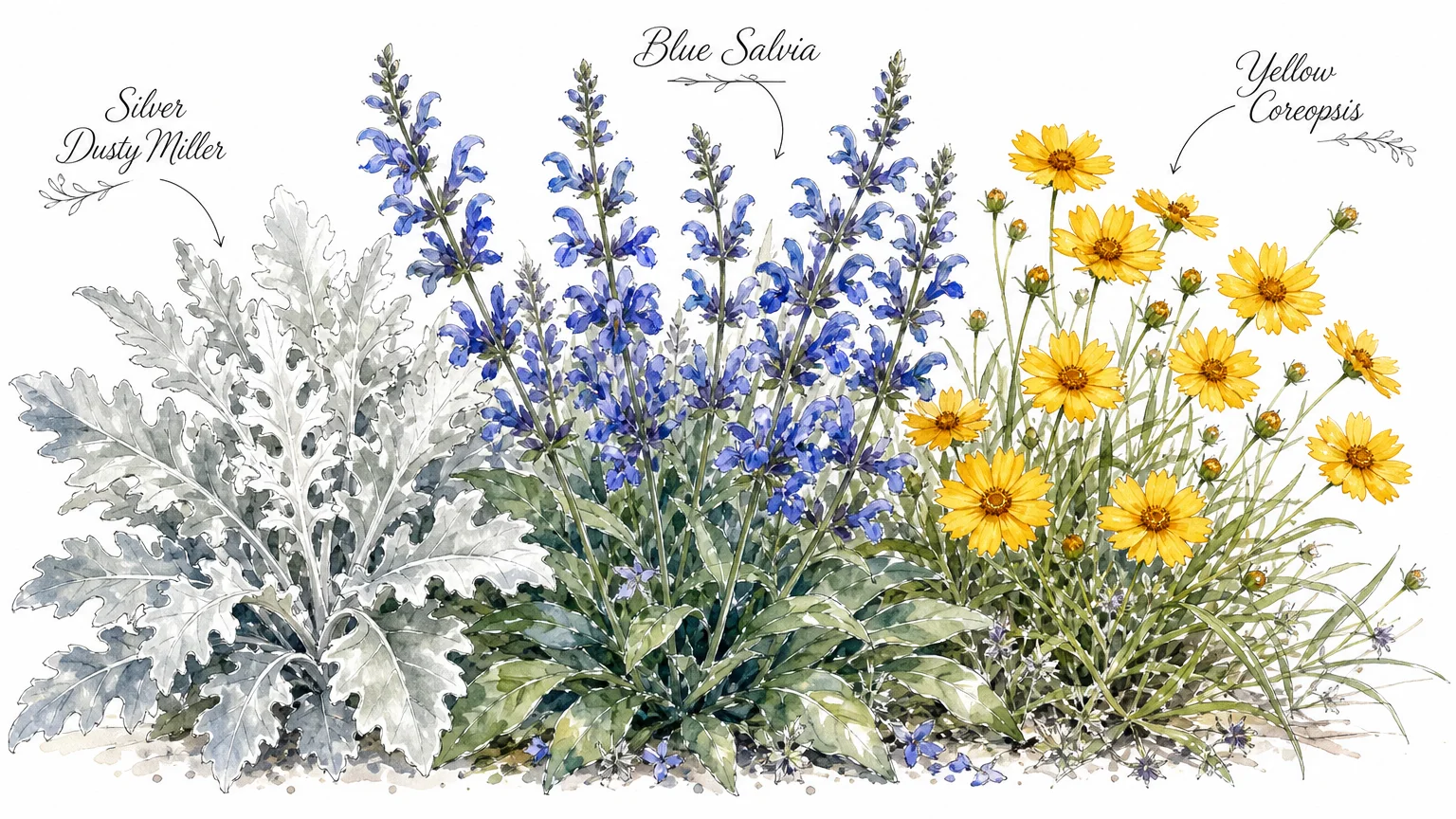 A botanical watercolor illustration of blue salvia planted alongside silver dusty miller and yellow coreopsis.