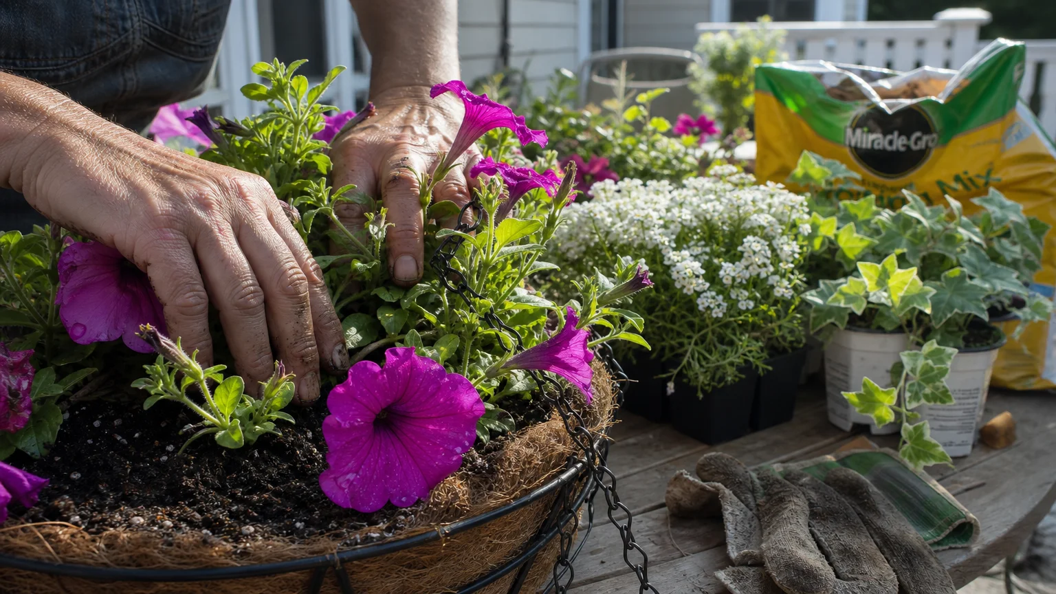 A close-up, candid photo of hands tending to vibrant purple trailing petunias in a hanging basket.