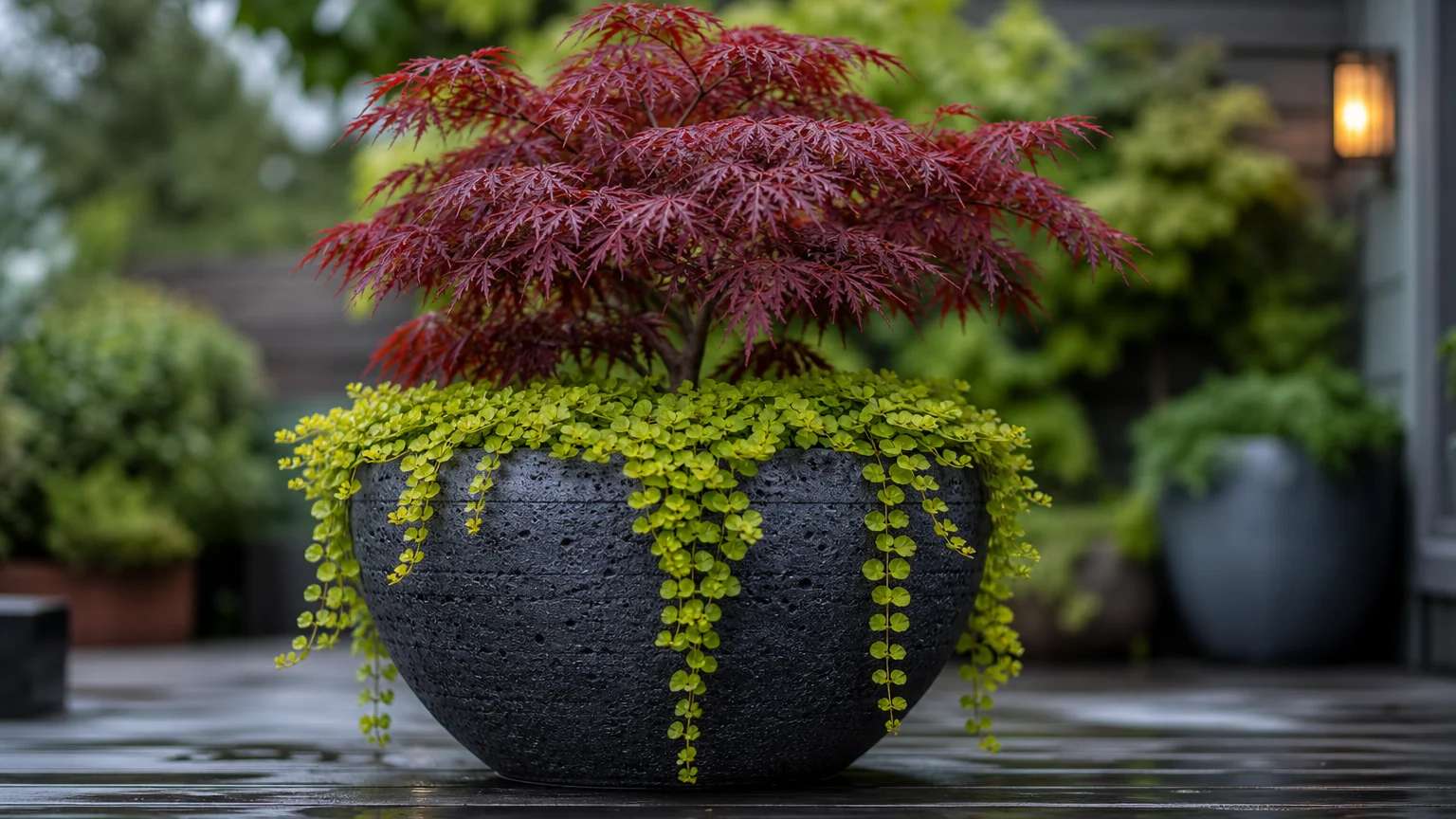 A close-up shot of a textured charcoal stone urn planted with a burgundy Japanese Maple and chartreuse creeping Jenny.