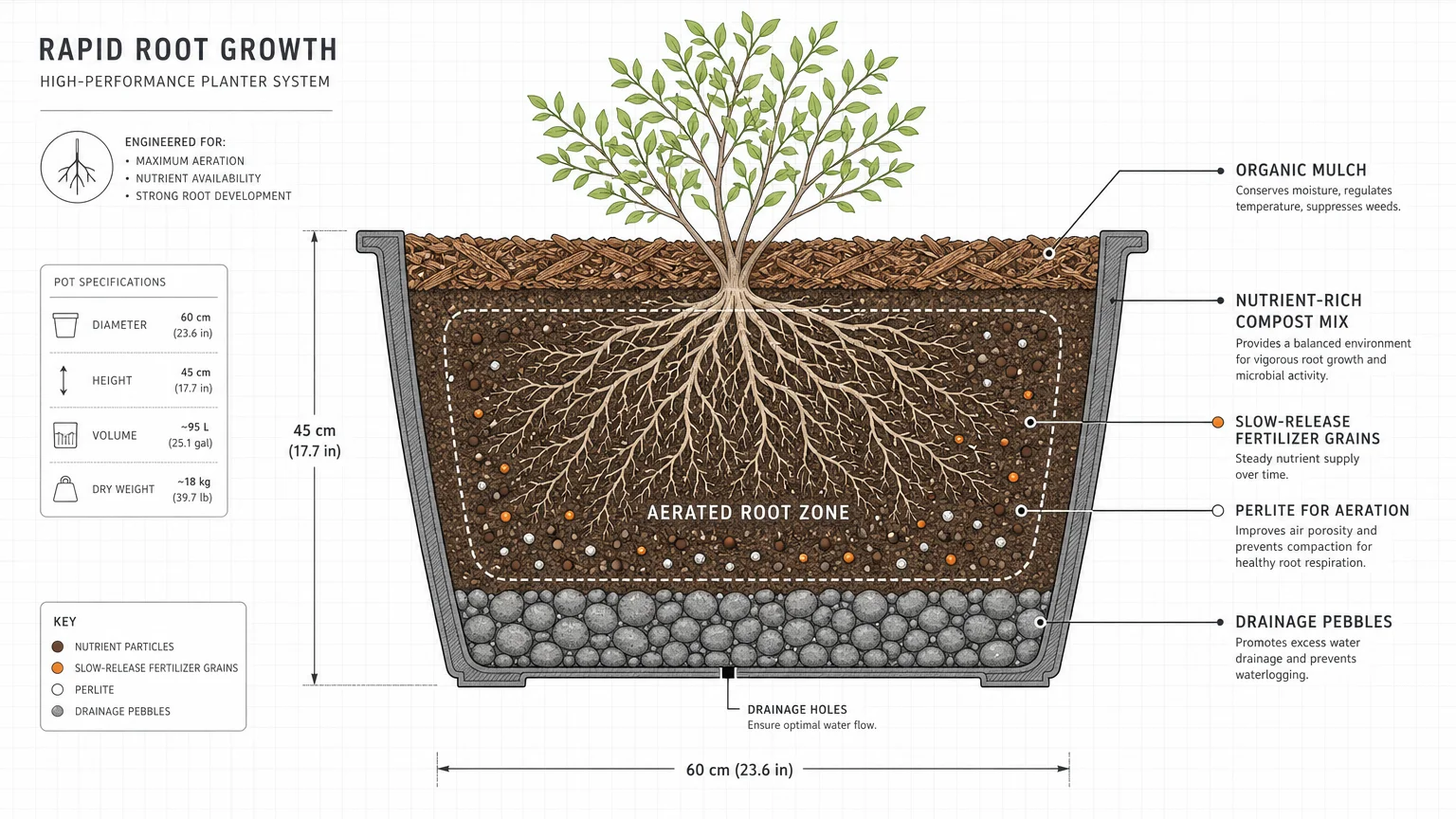 A cross-section diagram showing the layers of soil, drainage, and fertilizer needed in a pot to encourage fast plant growth.