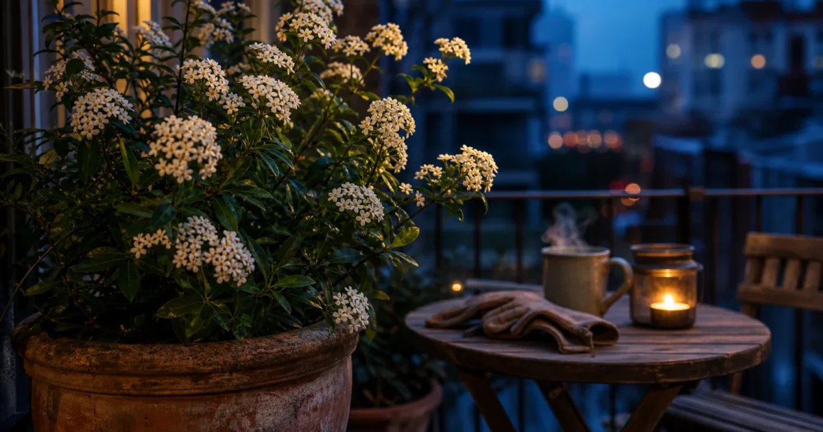 A glowing white flowering shrub in a terracotta pot on a small city balcony at dusk next to a wooden table and a warm candle.