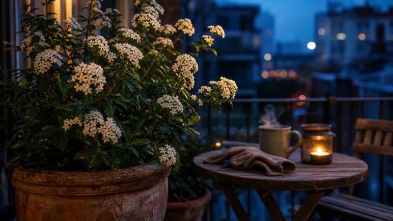 A glowing white flowering shrub in a terracotta pot on a small city balcony at dusk next to a wooden table and a warm candle.