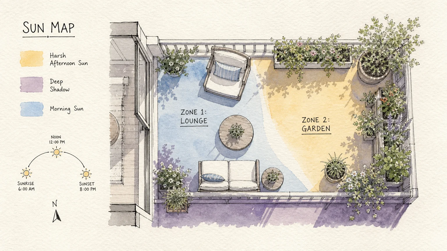 A hand-drawn watercolor sun-map blueprint of a small balcony garden with hand-lettered zone labels.