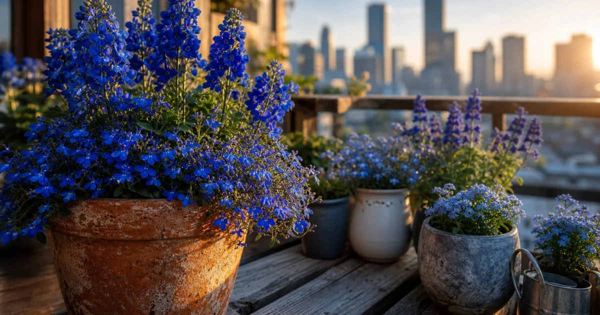 A lush collection of blue flowers in terracotta and ceramic pots arranged on a wooden balcony at sunrise.