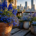 A lush collection of blue flowers in terracotta and ceramic pots arranged on a wooden balcony at sunrise.