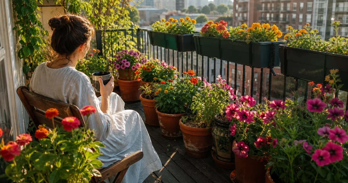 A lush small balcony garden at sunset with vibrant summer flowers in various pots and a person relaxing in a chair.