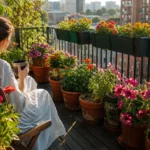 A lush small balcony garden at sunset with vibrant summer flowers in various pots and a person relaxing in a chair.