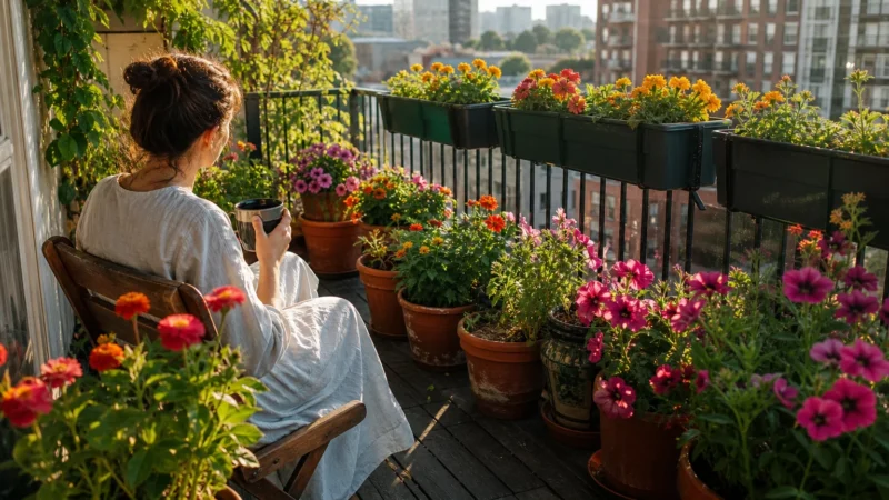 A lush small balcony garden at sunset with vibrant summer flowers in various pots and a person relaxing in a chair.