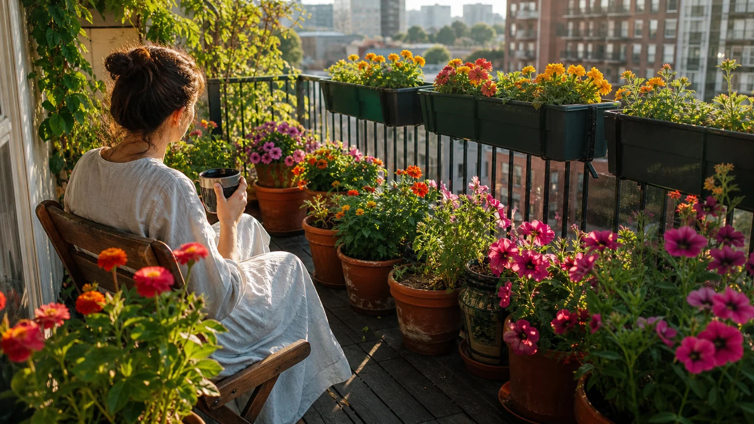 A lush small balcony garden at sunset with vibrant summer flowers in various pots and a person relaxing in a chair.