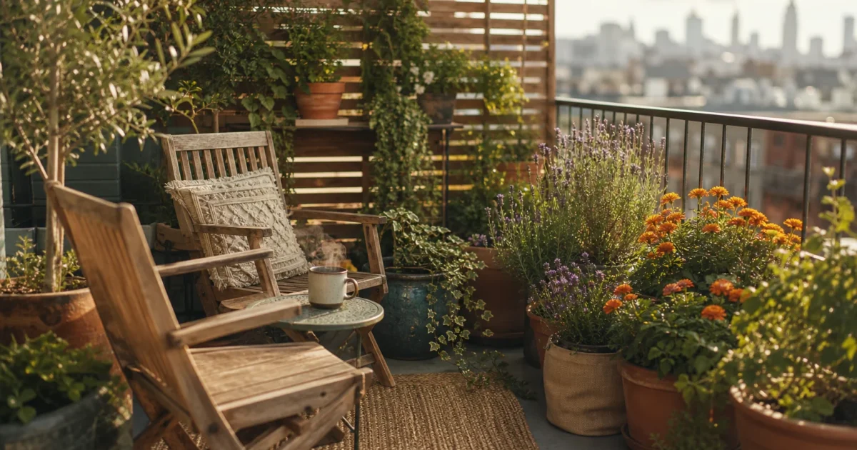A lush, sunlit balcony container garden with wooden chairs, terracotta pots, and vibrant plants during golden hour.