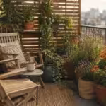 A lush, sunlit balcony container garden with wooden chairs, terracotta pots, and vibrant plants during golden hour.