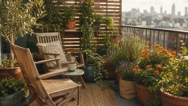 A lush, sunlit balcony container garden with wooden chairs, terracotta pots, and vibrant plants during golden hour.