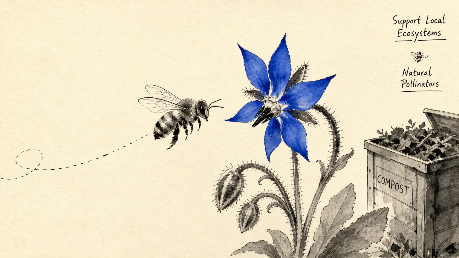 A minimalist watercolor sketch of a bee flying toward a blue flower, emphasizing eco-friendly gardening.