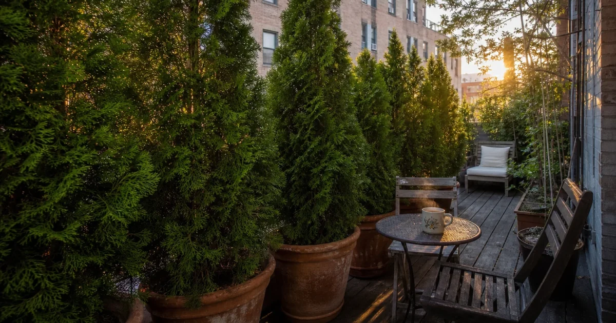 A narrow city balcony transformed into a private retreat by a row of tall green evergreen shrubs in large terracotta pots.
