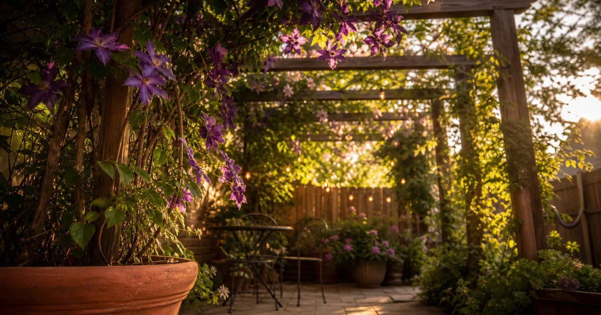 A small patio with a wooden pergola covered in purple Clematis flowers and green vines during a warm golden hour sunset.