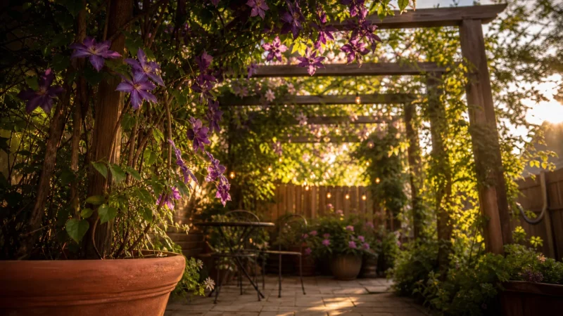 A small patio with a wooden pergola covered in purple Clematis flowers and green vines during a warm golden hour sunset.