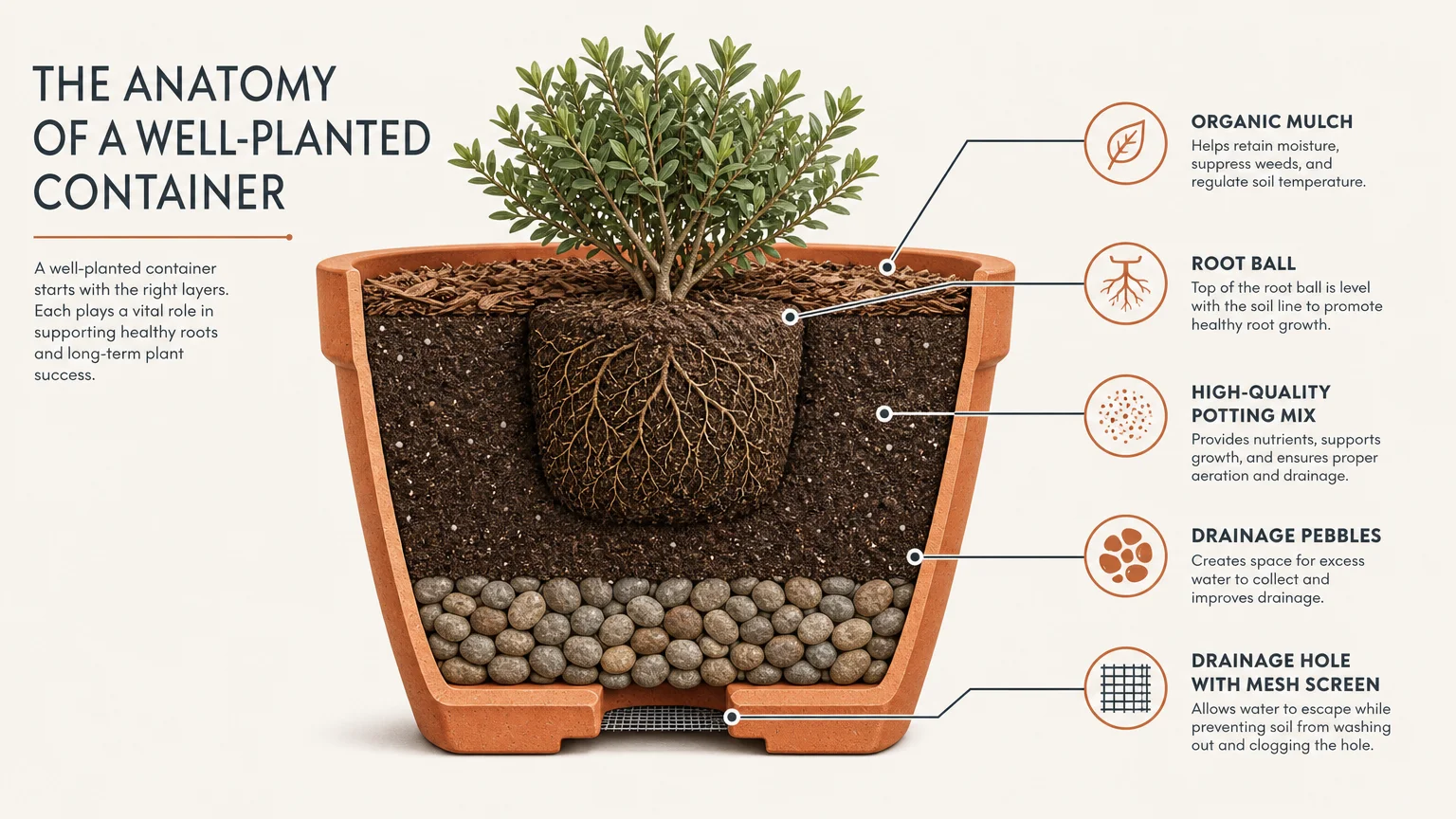A technical cross-section diagram of a flower pot showing the correct layers for planting a shrub, including drainage, soil, and mulch.
