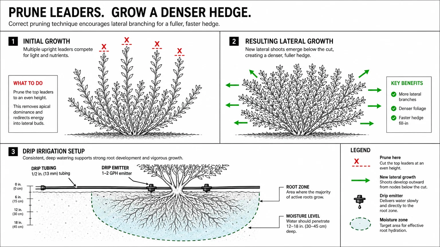A technical diagram showing where to prune a plant to make it grow thicker and how to set up drip irrigation for fast growth.