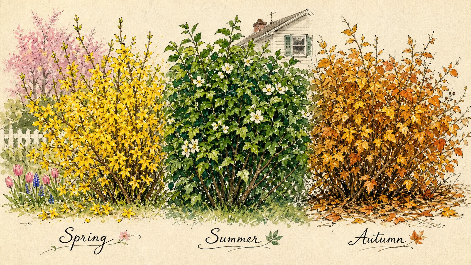A three-part illustration showing a flowering hedge changing from spring blossoms to summer green to autumn gold.