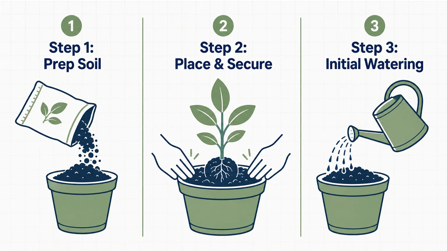 A three-step horizontal infographic showing the process of prepping soil, placing the plant, and watering.