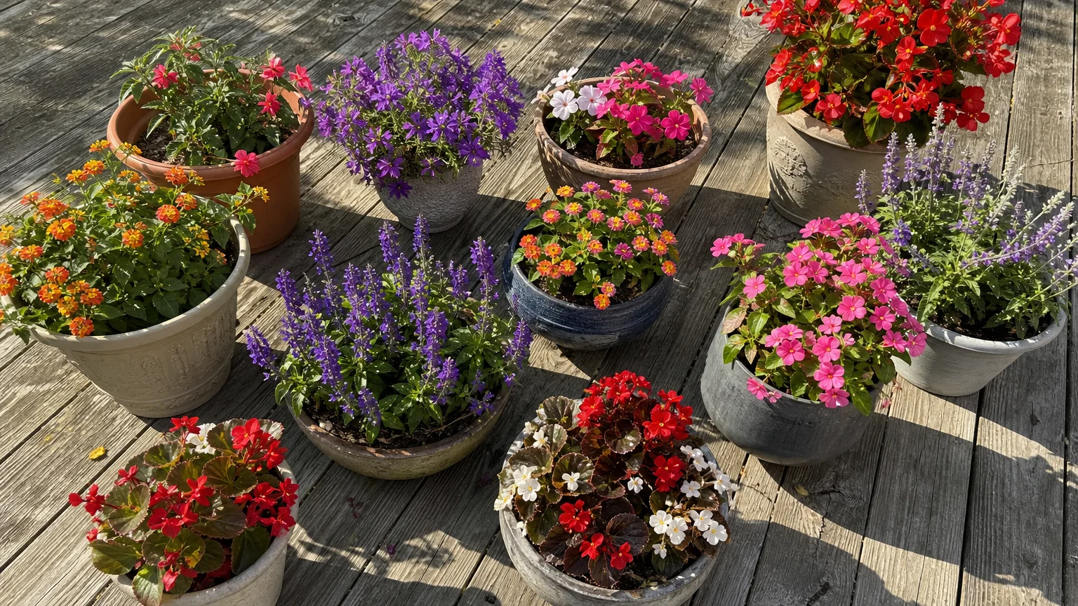 A top-down photo of a variety of colorful flowering pots on a wooden patio, showing different summer plant species.