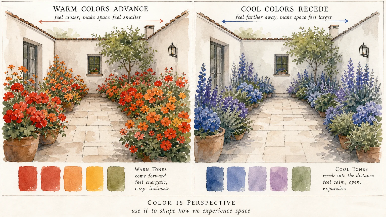 A two-panel watercolor illustration showing how warm colors make a garden feel small while blue colors make it feel spacious.