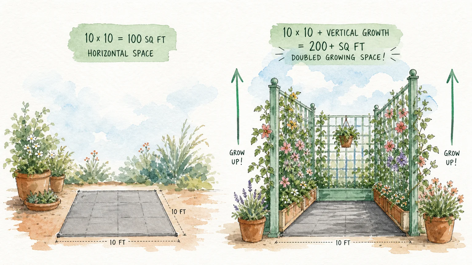 A watercolor illustration showing how vertical trellises expand a small garden's footprint by utilizing wall space.