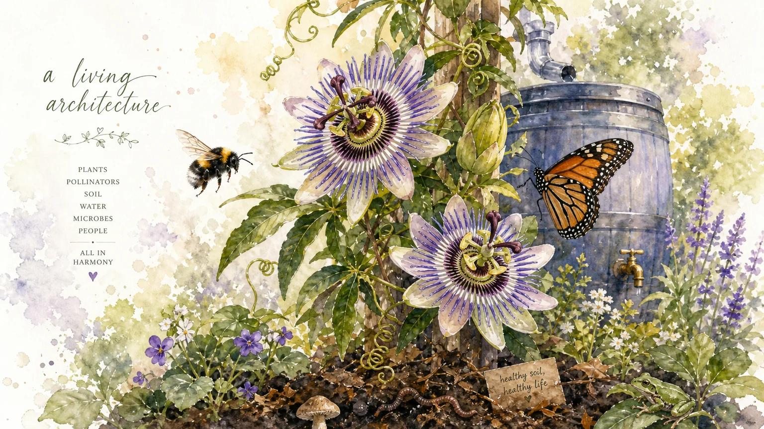 A watercolor painting of bees and butterflies around a flowering vine, with a rain barrel in the background.