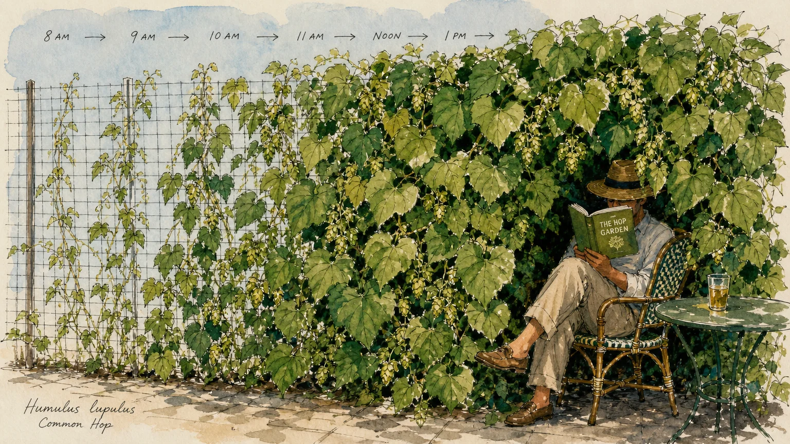 A watercolor sketch of a person sitting privately on a patio behind a dense wall of fast-growing green vines.