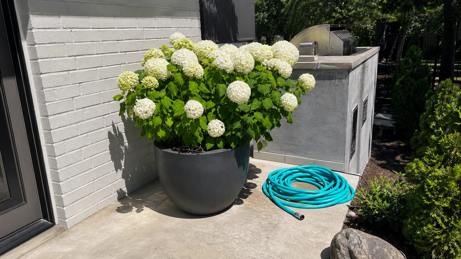 A white hydrangea bush thriving in a pot on a sun-drenched patio in the heat of a summer day.