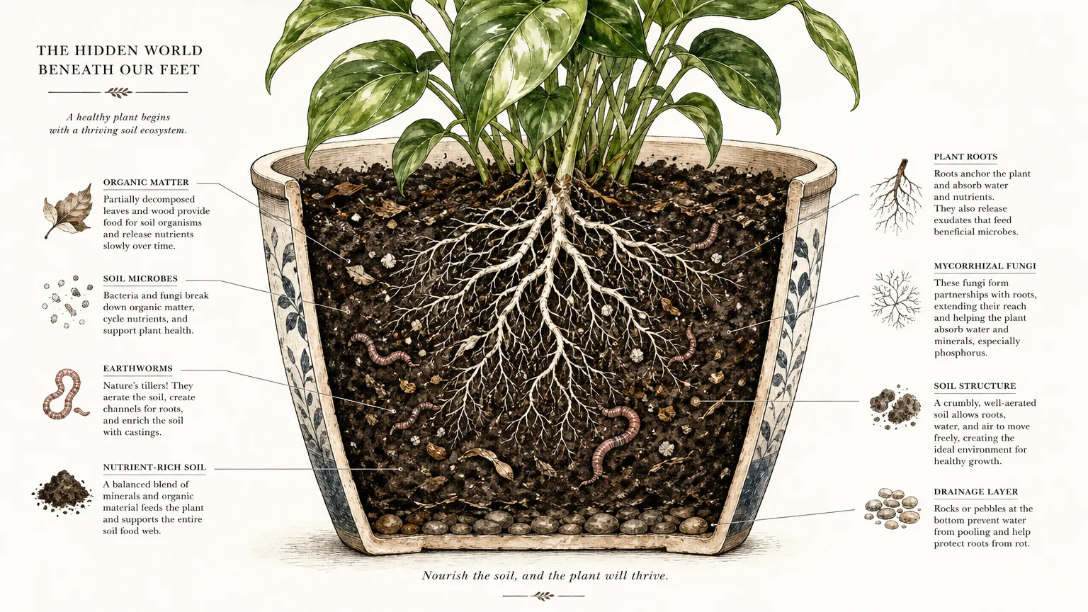 An artistic cross-section watercolor showing plant roots and healthy, dark soil layers inside a ceramic pot.