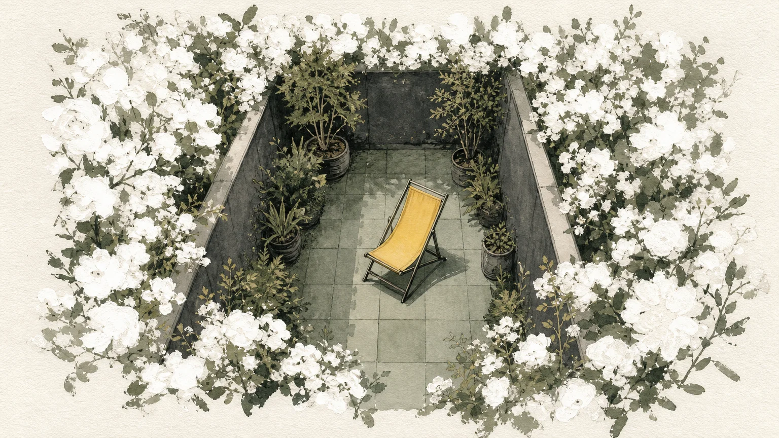 An artistic gouache illustration of a small patio where white flowers at the edges make the central space look larger and more open.