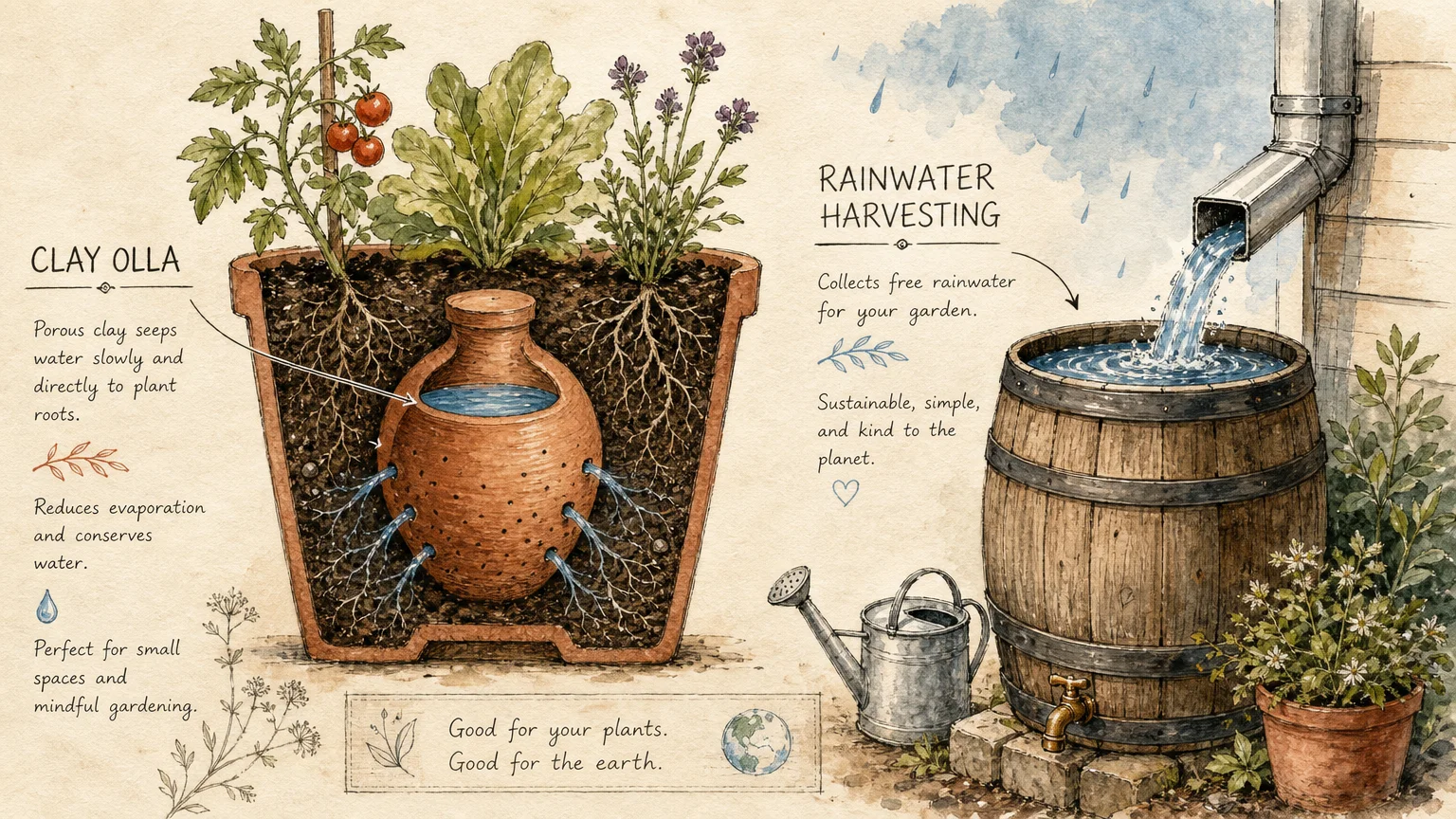 An artistic watercolor diagram showing a clay olla watering system and a rainwater harvesting barrel for small gardens.