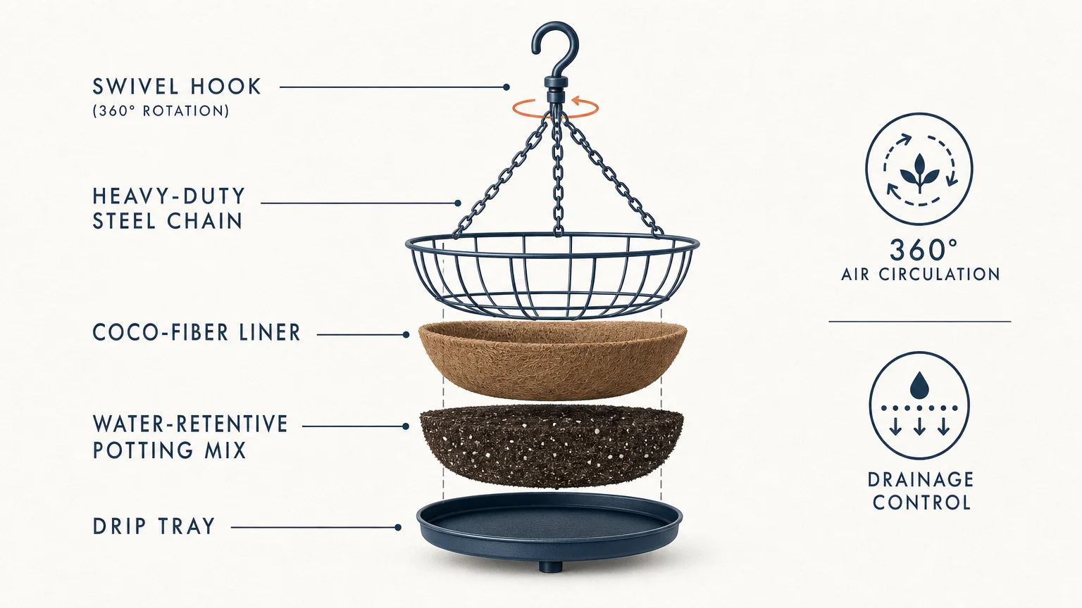 An exploded view diagram labeling the components of a hanging basket, including the hook, liner, and soil.