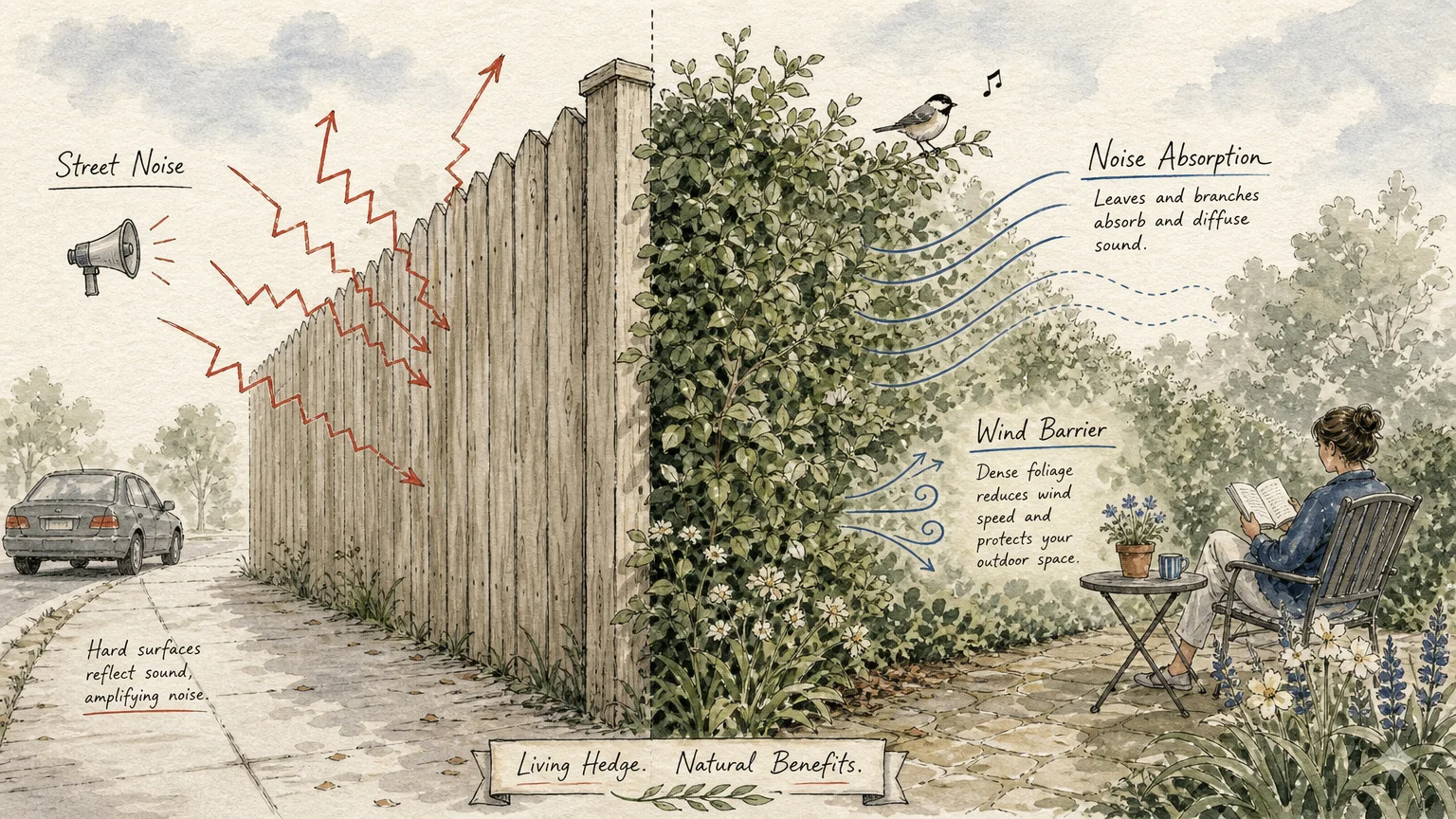 An illustration comparing how a wooden fence bounces noise away while a thick green hedge absorbs sound and blocks wind.