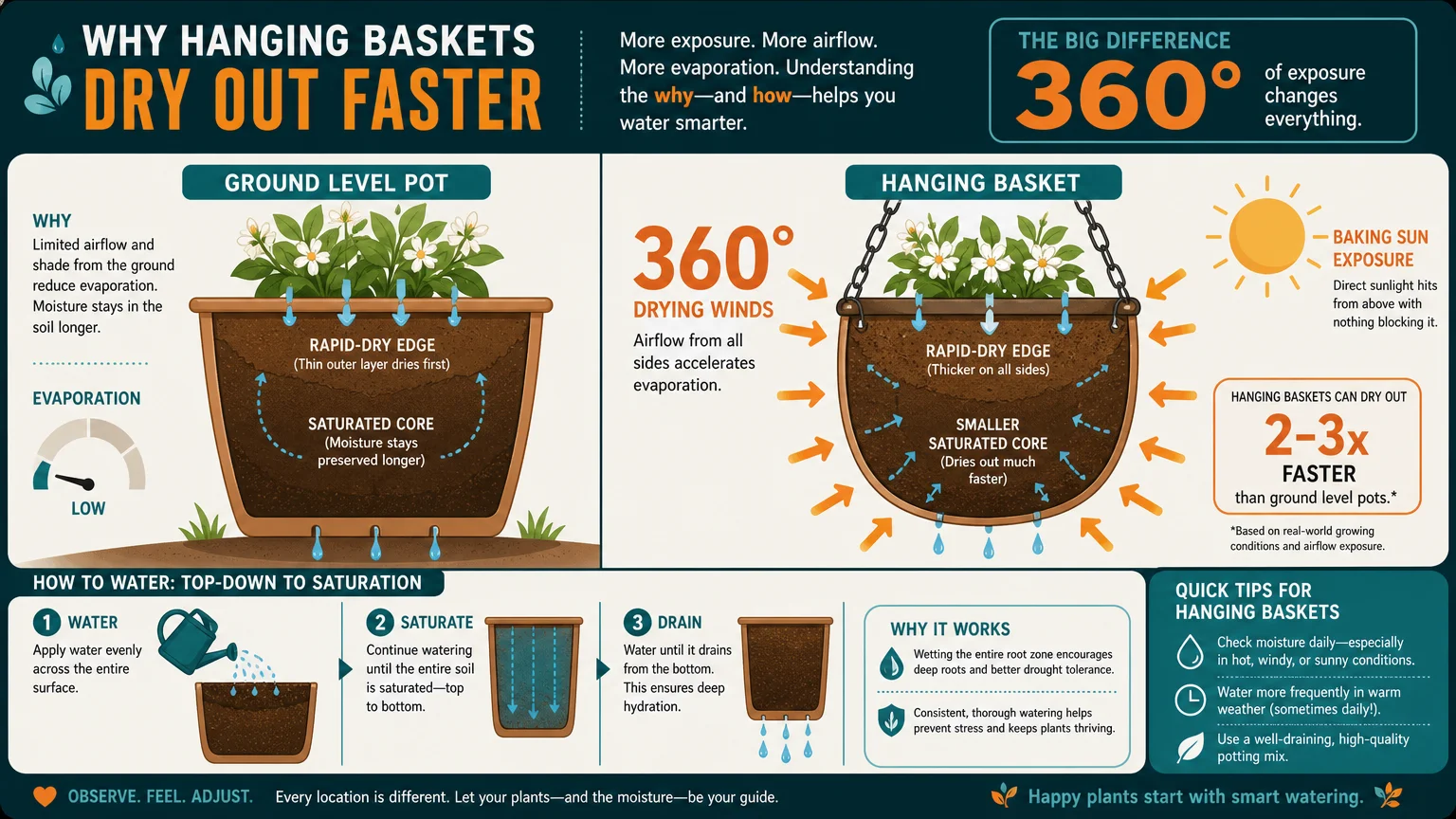 An infographic comparing moisture loss in ground pots versus hanging baskets due to wind and sun exposure.