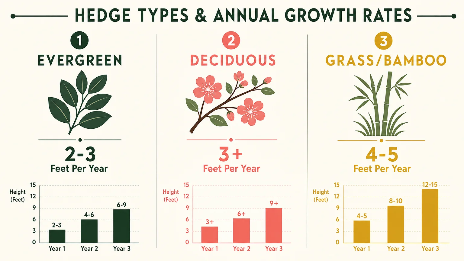 An infographic comparing the annual growth rates of evergreen, deciduous, and bamboo hedges, showing height increases over three years.