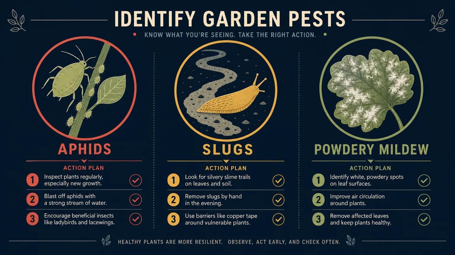 An infographic guide identifying common garden pests like aphids and slugs with simple icons and action steps.