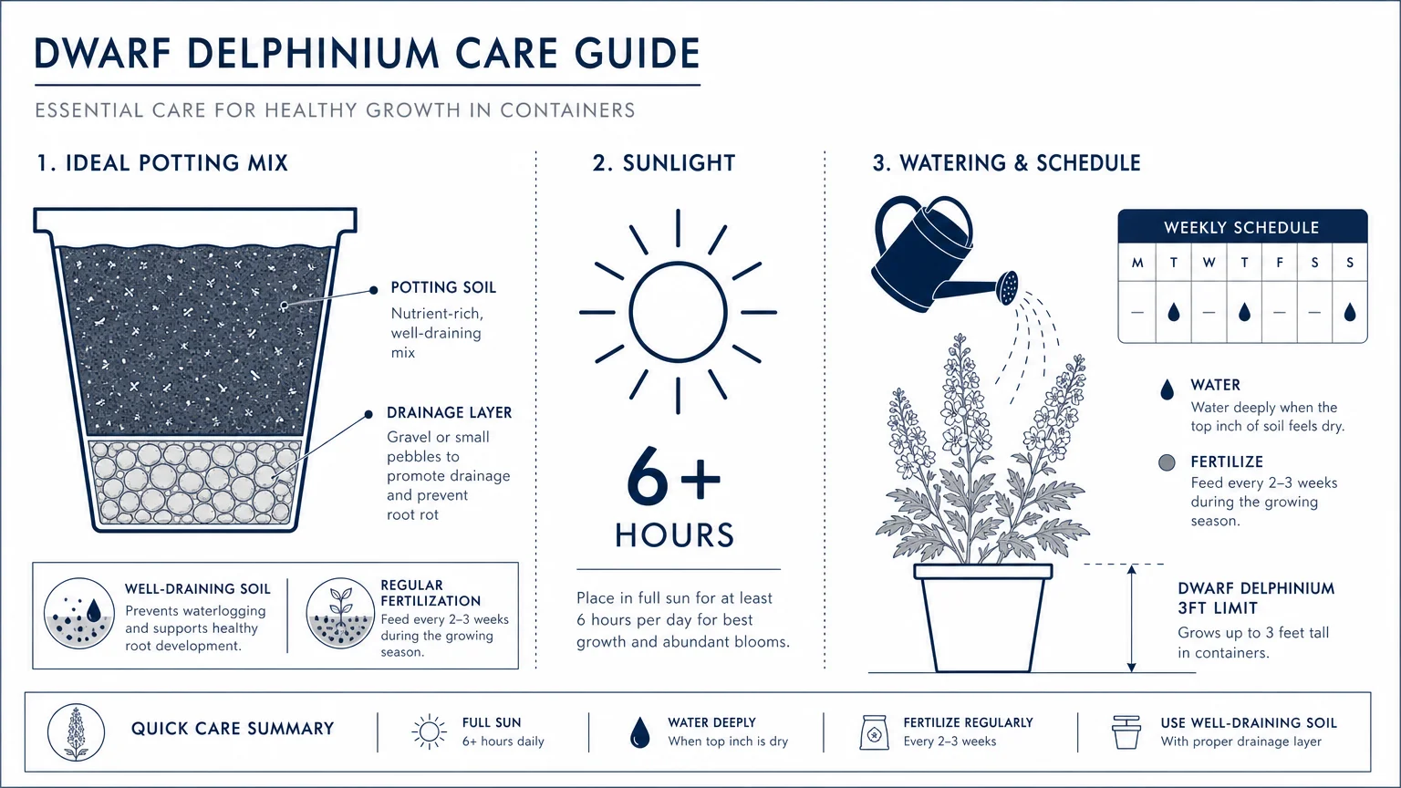 An infographic showing potting mix layers, sunlight requirements of 6+ hours, and a watering schedule for blue flowers.