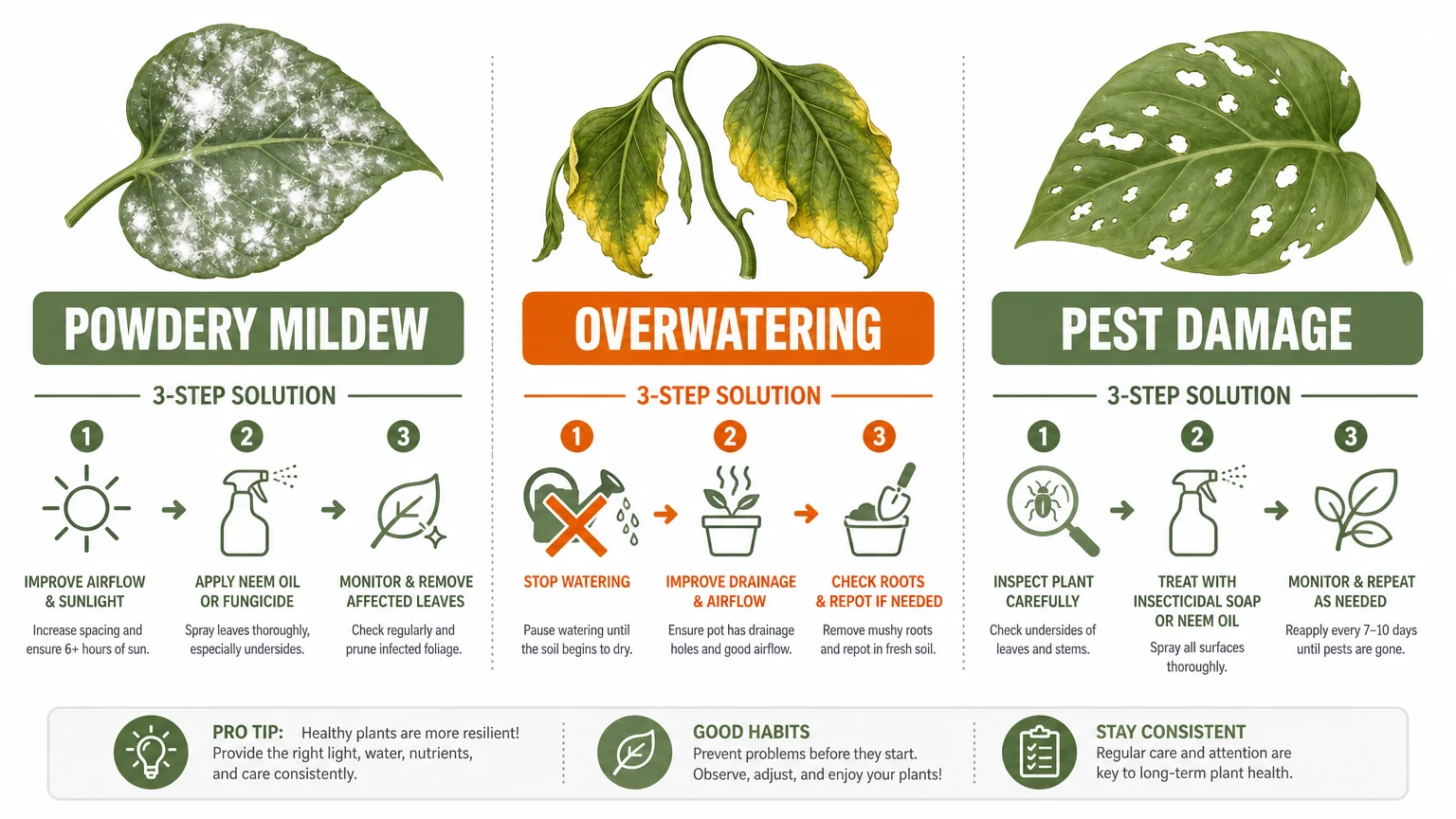 An infographic showing three different plant leaf problems with labels for mildew, overwatering, and pests.